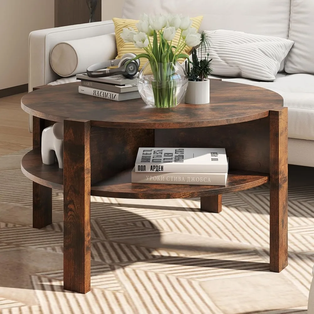 Round Coffee Table, 2-Tier Mid Century Modern Tea Cocktail Table with Storage Shelves & 4 Side Compartments