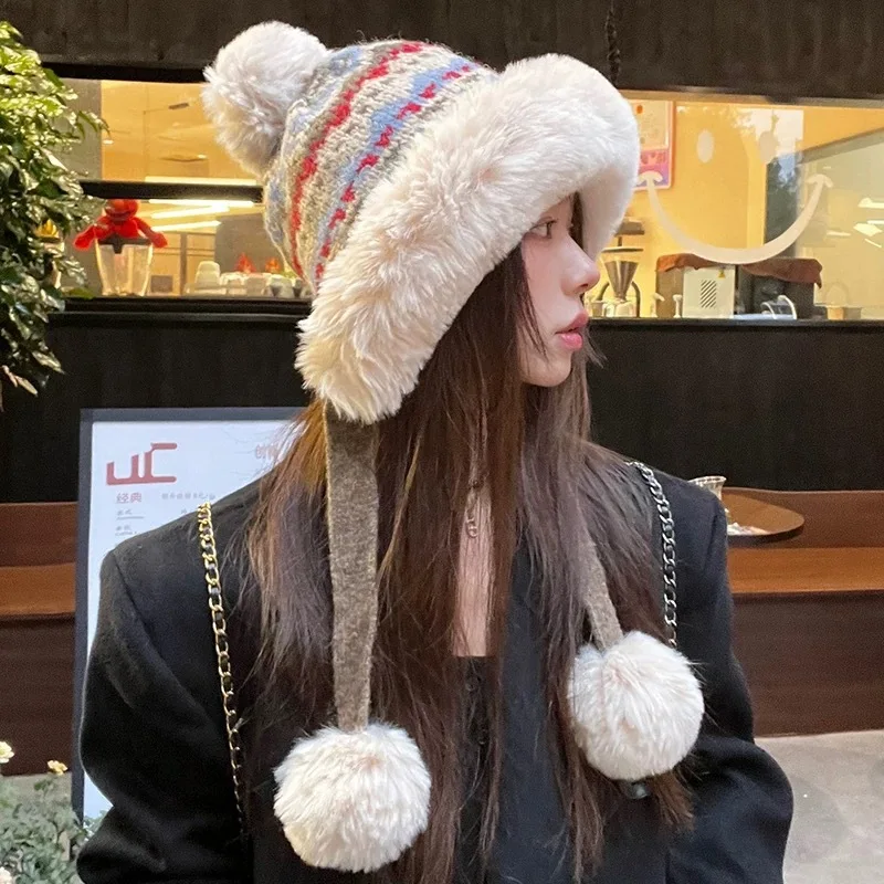 Stylish Cold Weather Beanie Nordic Design Winter Knit Faux Fur Pom-Pom Hat Warm Plush Lining Soft Touch Ear Flaps for Women Kids