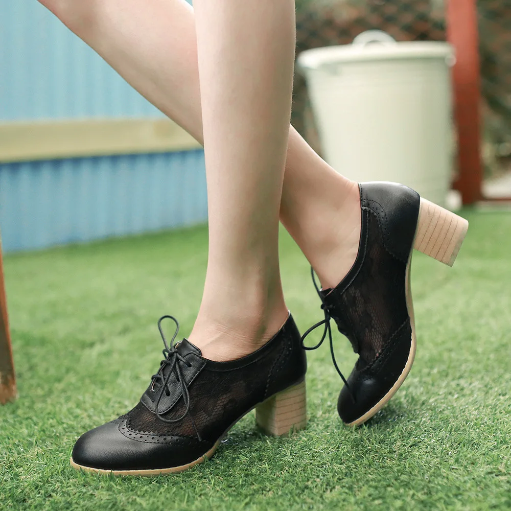 Big Size 43 Summer Vintage Lace Patchwork White Brogue Shoes Retro Black Square High Heels Pumps Lace-up Office Lady Daily Shoes_voghion.com