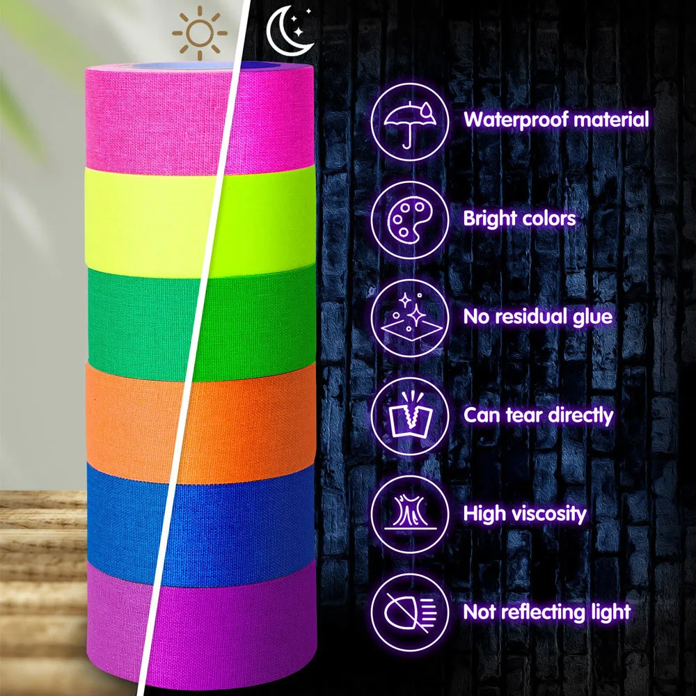 2Pcs 6Colors Neon Cloth Tape 16.4ft/5M Fluorescent UV Blacklight Reactive Glow in The Dark Gaffer Cloth Tape Stickers for Decor