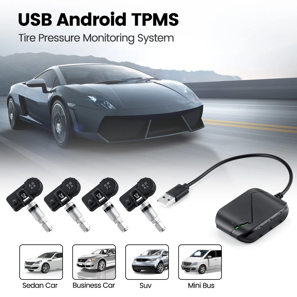 USB TPMS for Android Car Stereo Radio 4-Sensor Wireless Vehicle Auto Tire Pressure Monitoring Temperature Alarm System