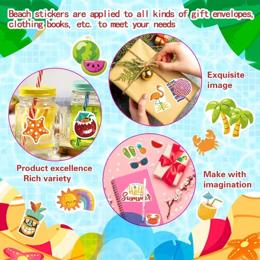 24 ورقة من ملصقات الشاطئ الصيفية الاستوائية لتزيين حفلات Luau هاواي: تصميم الشمس والبطيخ والبيرة والآيس كريم والأناناس