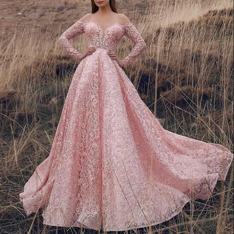 

2023 Pink Gowns Long Sleeve Court Train Tulle Appliques Sweethreat Prom Dress Elegant Wedding Garden Dress 2023 Women