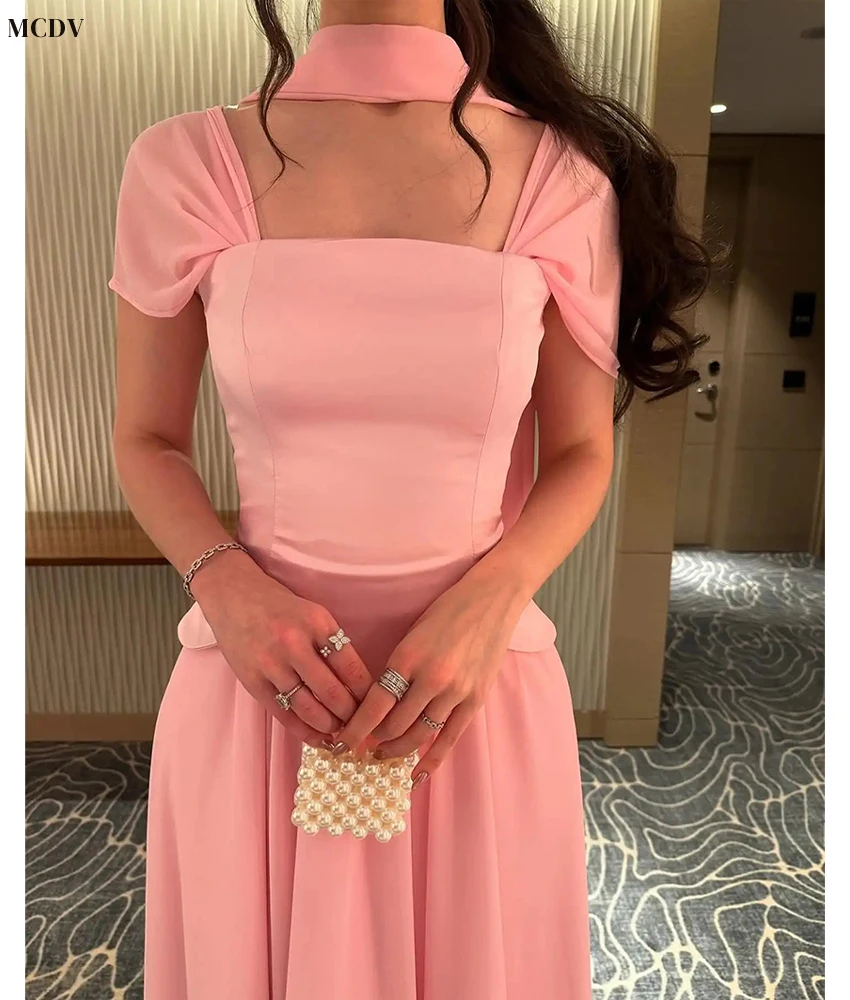 맞춤형 우아한 쉬폰 A라인 리본 이브닝 드레스 고품질 스퀘어 넥 짧은 소매 바닥 길이 연예인 가운