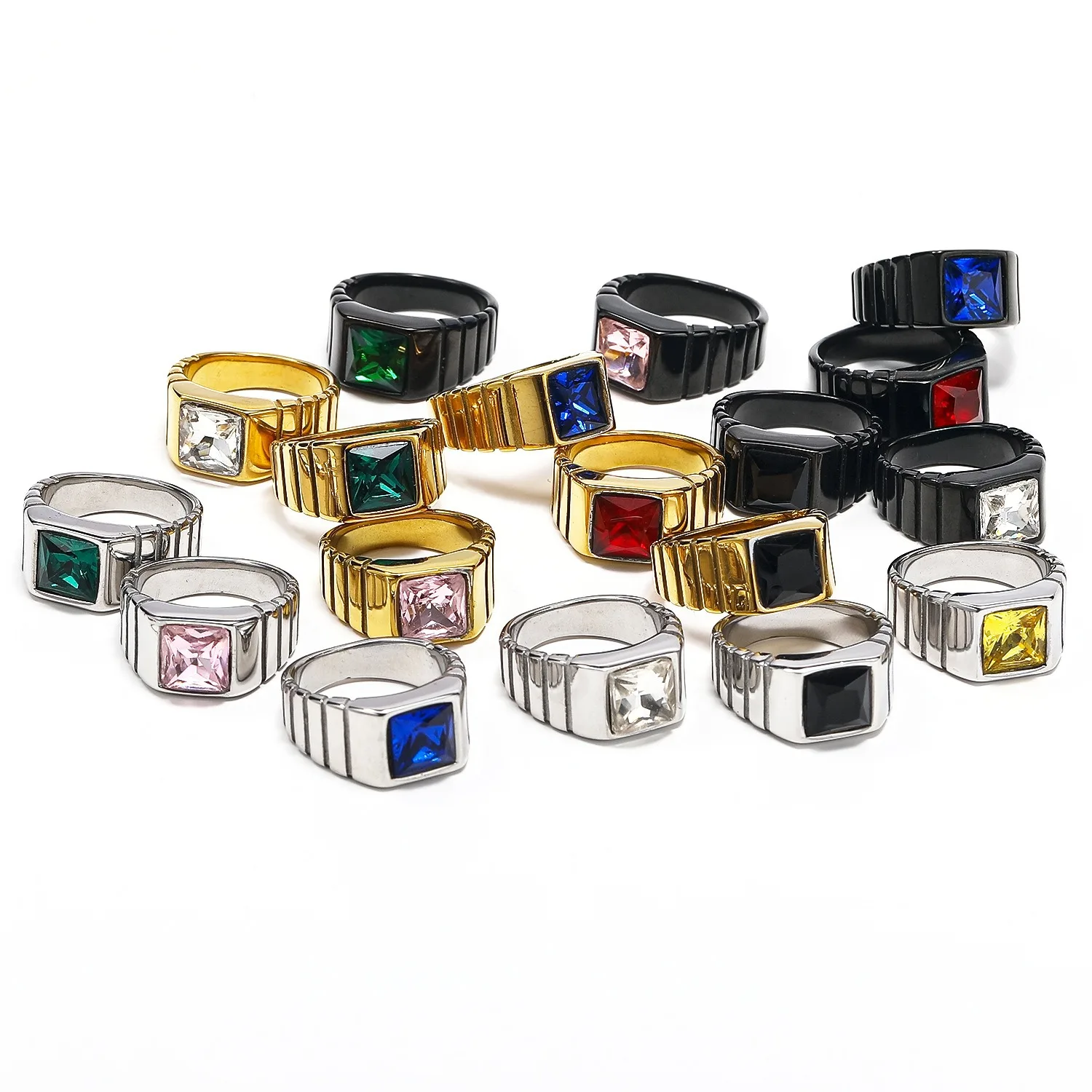 High Quality Simple Design Men's Titanium Steel Square Rhinestone Stone Men Black Ring Stainless Steel Rings