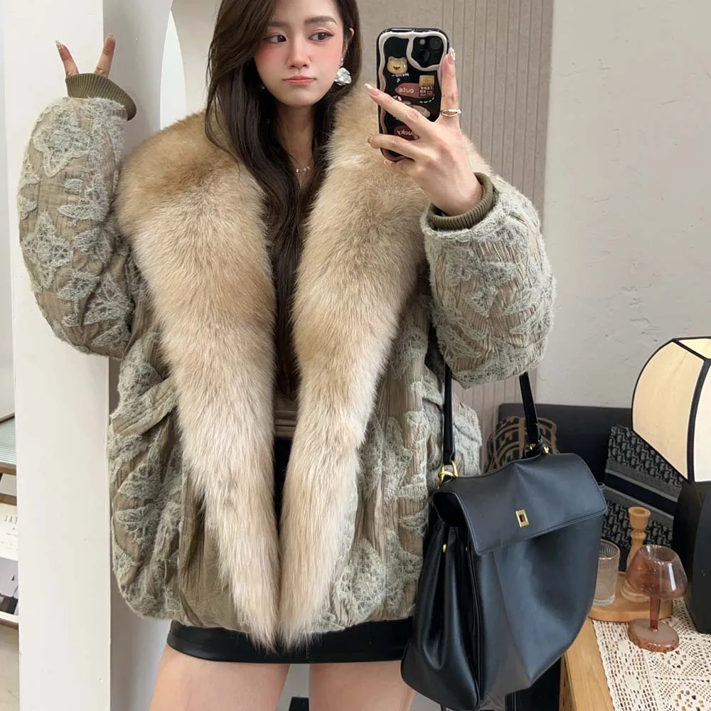 Veste Parka à col en fourrure pour femme, vêtement d'extérieur chaud, luxueux, grand col, à la mode, manteau Parka en fourrure de renard, hiver