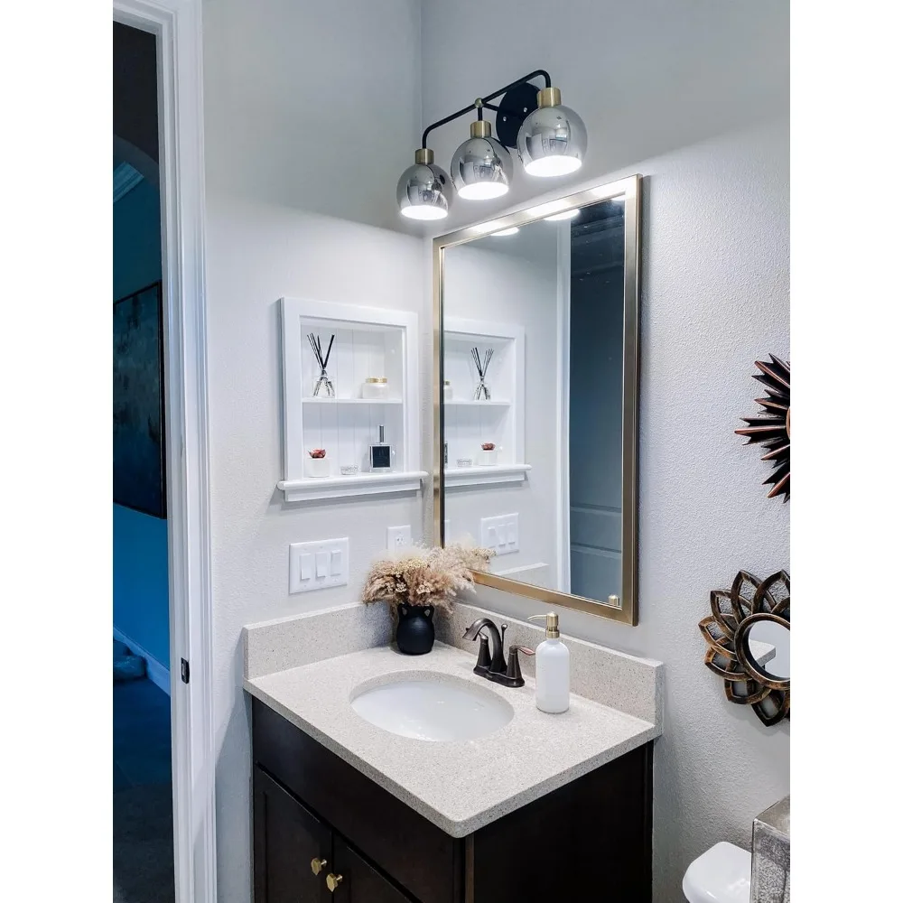 مرآة زينة مثبتة على الحائط برونزية شامبانيا مقاس 28 × 60 بوصة، مرآة حمام بإطار ذهبي، صنع في الولايات المتحدة الأمريكية، خيار تعليق أفقي #6