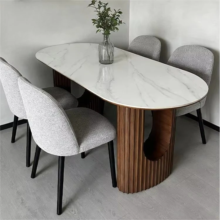 &c Dining Table Solid Wood Structure Sintered Stone Top Oval Design with Cutout Detail for Home Kitchen Dining Area Mesa