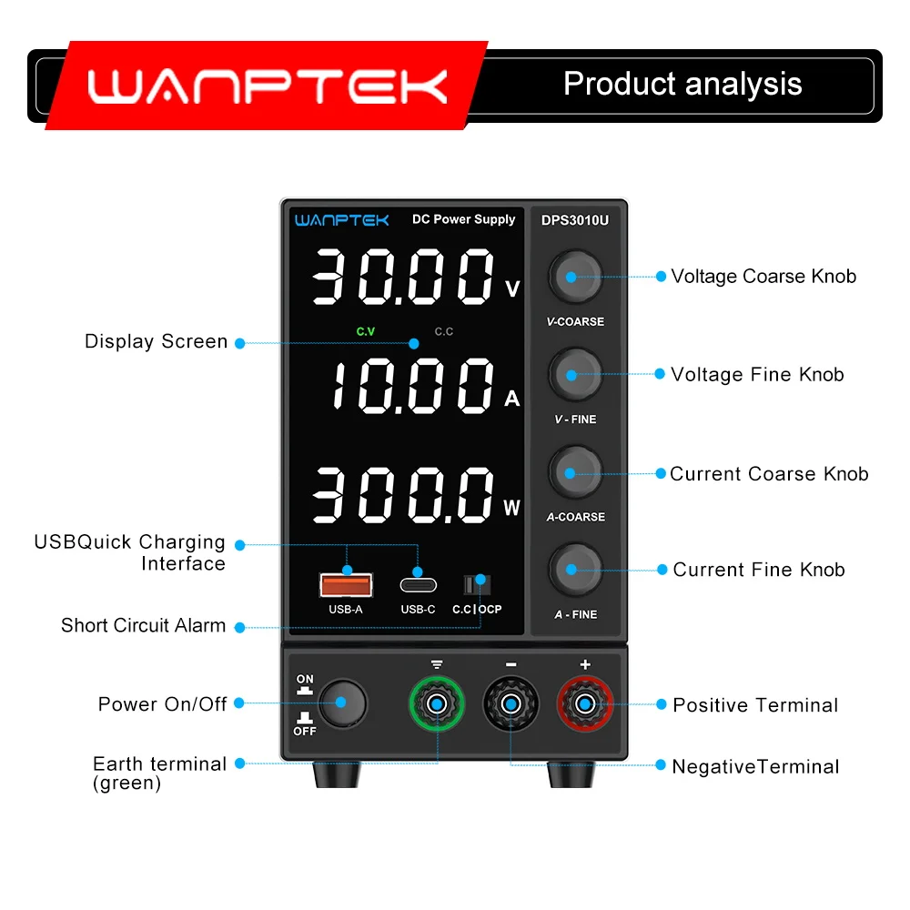 Wanptek Zasilacz DC regulowany 30V 10A z enkoderem Gruboziarnisty i precyzyjny regulator Ławka z portem szybkiego ładowania USB TypeC