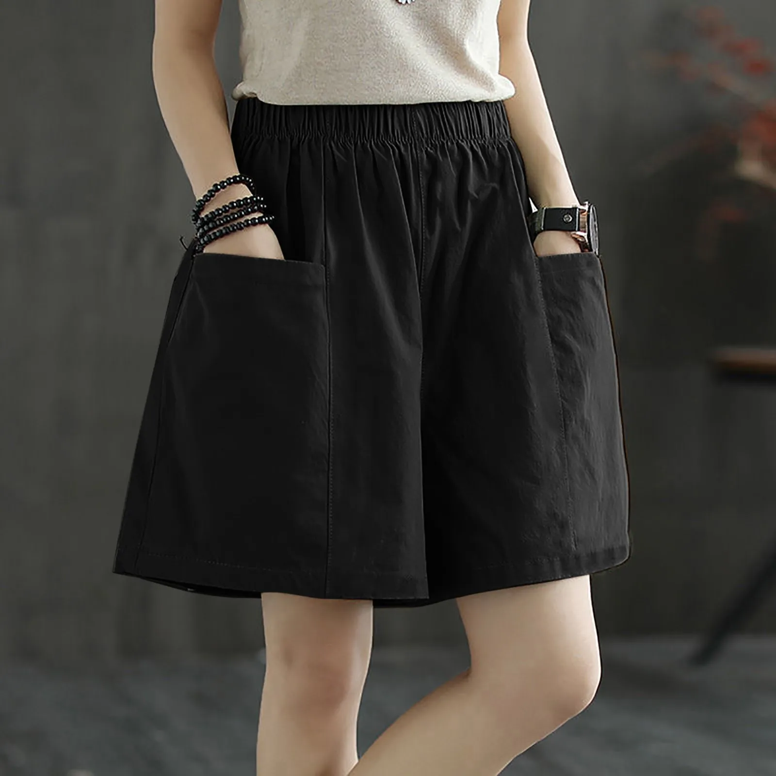 

Summer Women's Casual High Waist Shorts with Pockets Cotton And Linen Solid Color Elastic Waist Loose Straight Leg Pants