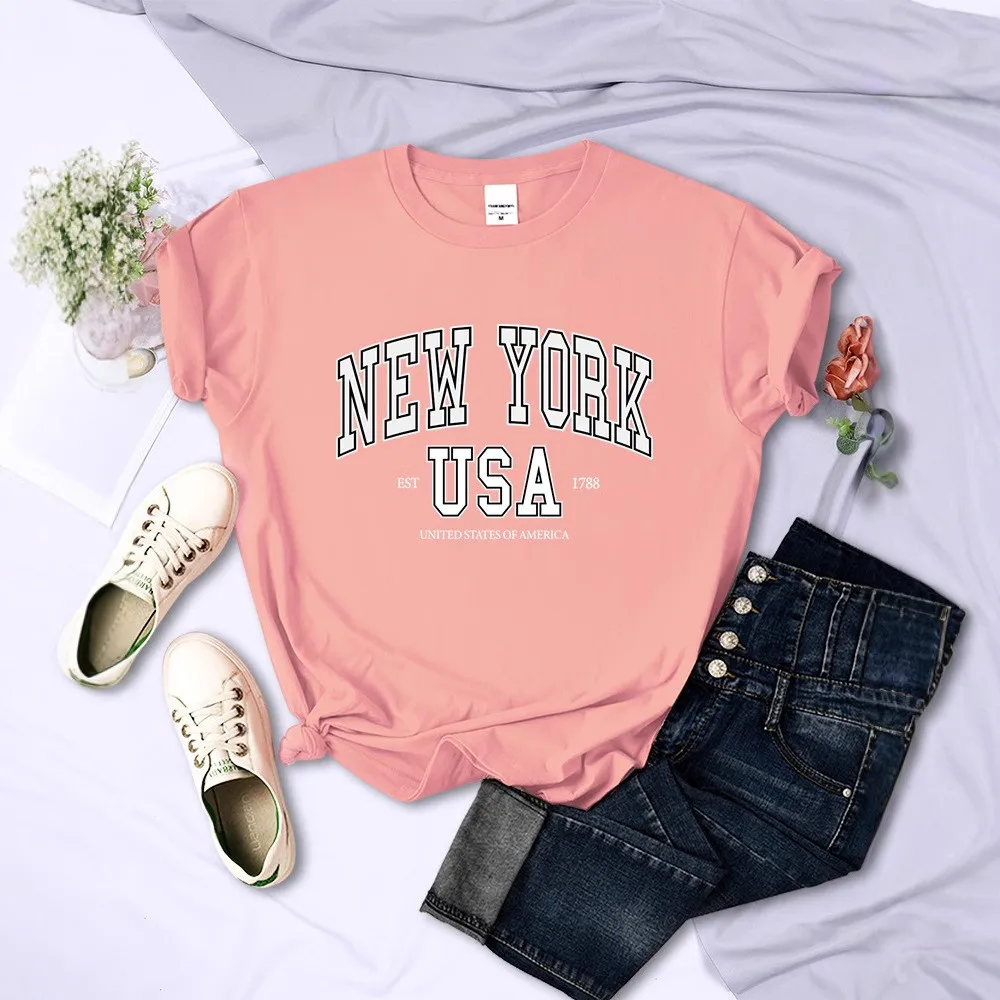 New York Usa Est 788er Set Ci Letter Damen T-Shirt Cool Street Sle ort Sve rundes Ne bedrucktes Top für die Frühlingssaison