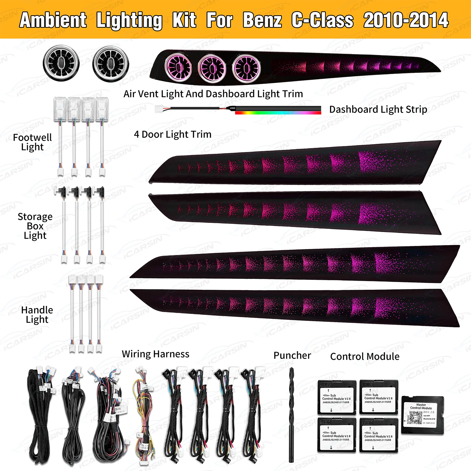 iCarsin W204 Ambient Lighting Upgrade Kit For Mercedes-Benz C Class 2010 - 2014 Interior LED Light Trim Air Vent Accessories