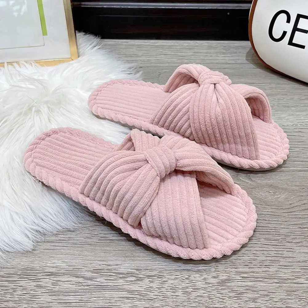 Open Toe Slippers Women Cross-strap Slippers Women's Soft Fabric Striped Texture Home Slippers with Cross Bow Decor Anti-skid