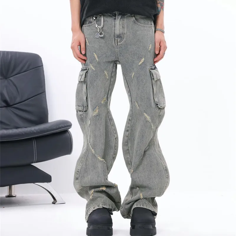 

2000S Cyber Y2K Streetwear Flare Baggy Ripped Jeans Cargo Pants Men Clothing Straight Irregular Women Denim Trousers Ropa Hombre