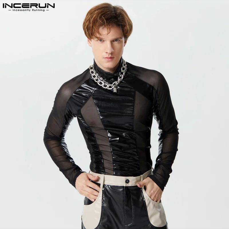 INCERUN-body de malla con cuello alto para hombre, ropa de calle de manga larga, transparente, para Fitness, a la moda, 2024