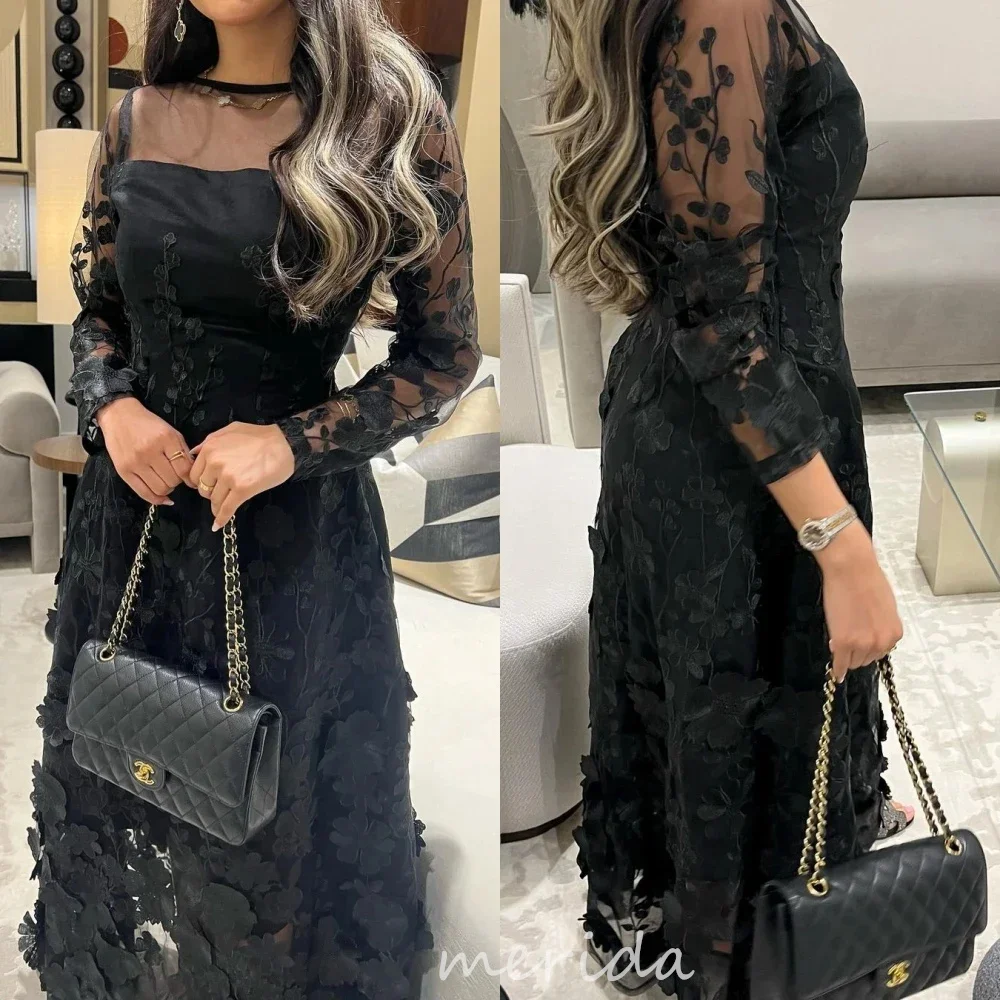 

Merida Women Prom Saudi Arabia Jewel A-line Formal Ocassion Gown Applique Anke length Skirts Organza Evening Dress فساتين سهره