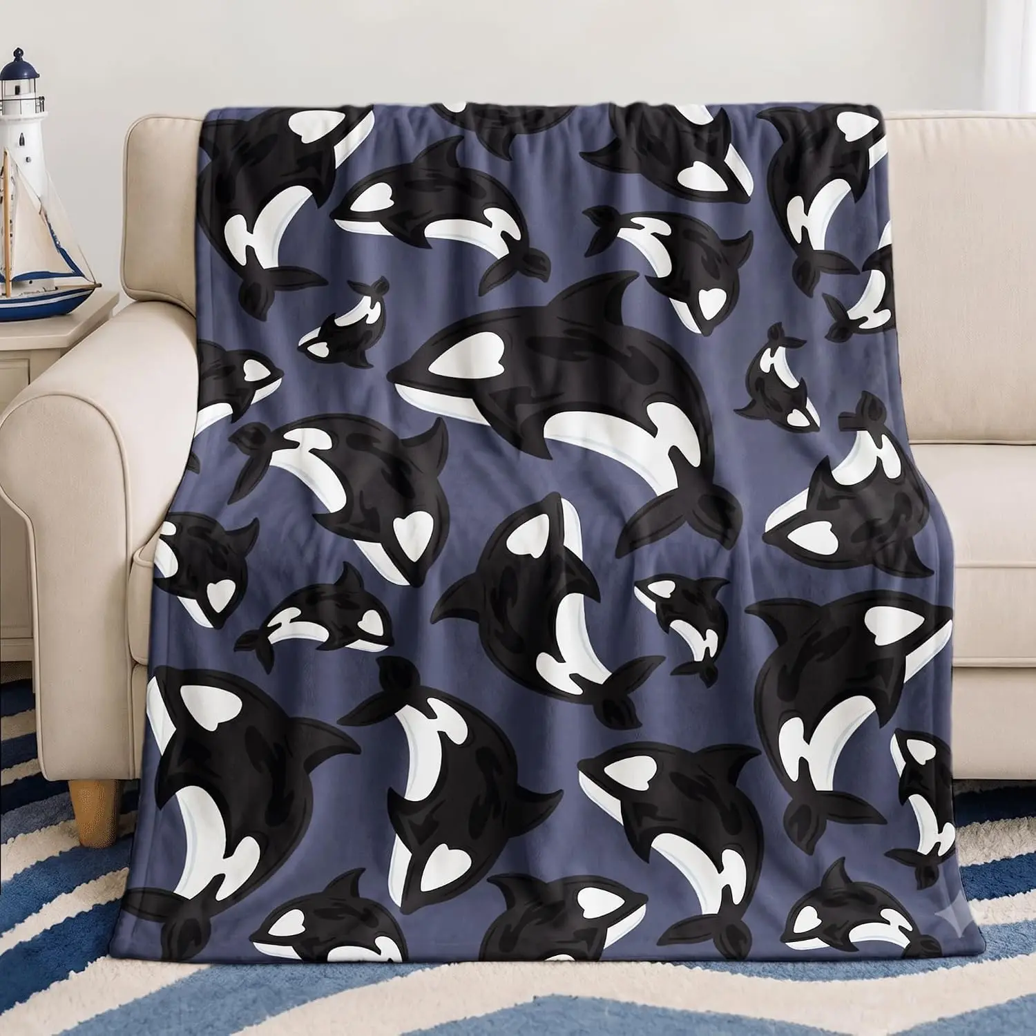 Black White Orca Ocean Animal Repeat Full Pattern Soft Flannel Blanket Light Decor Blanket For Bed Living Room Travel Rest