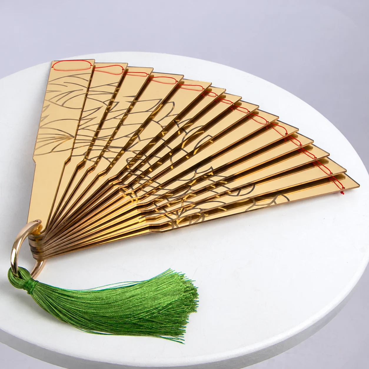Douma Cosplay Folding Fan with Engraved Lotus Design and Green Tassel, Golden Costume Prop for Conventions & Photoshoots