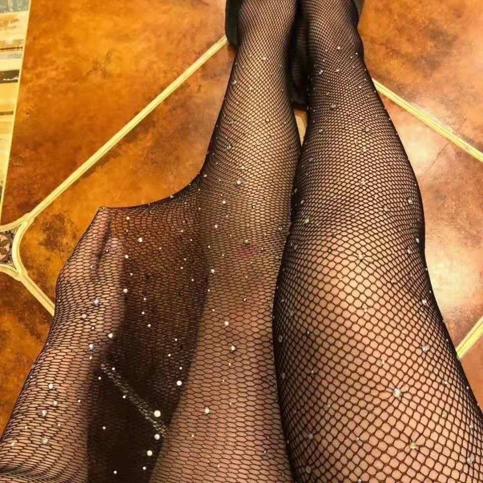 

Sexy Erotic Stockings Women Rhinestone Fishnet Stocking Shiny Net Pantyhose Mesh Tights Lingerie Black Thigh High Socks Tight