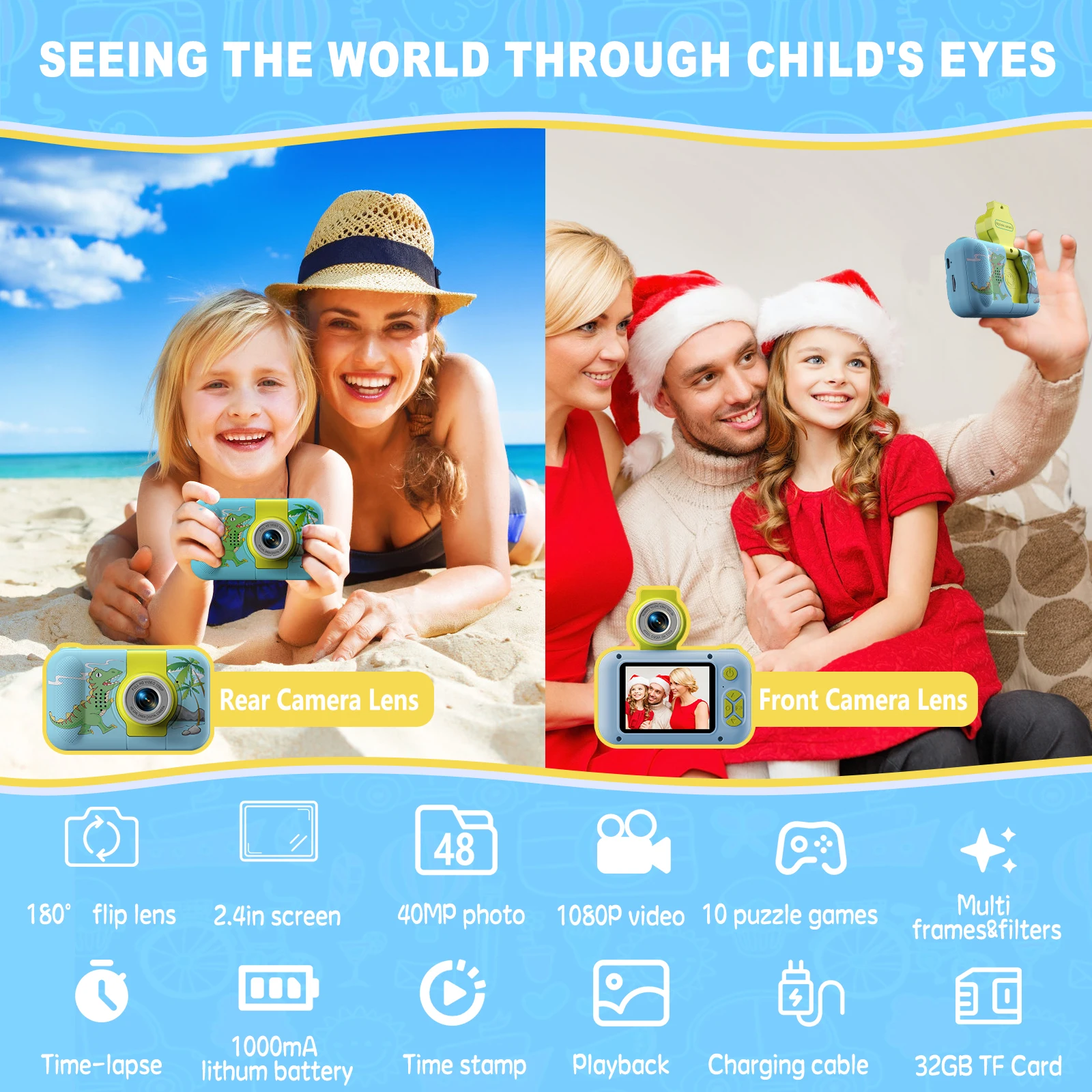 Appareil photo pour enfants, ARNSSIEN 180 °   Appareil photo à objectif rabattable pour enfant, appareil photo numérique LCD IPS 2,4 pouces avec étui en silicone, appareil photo selfie enfant pour 3-10