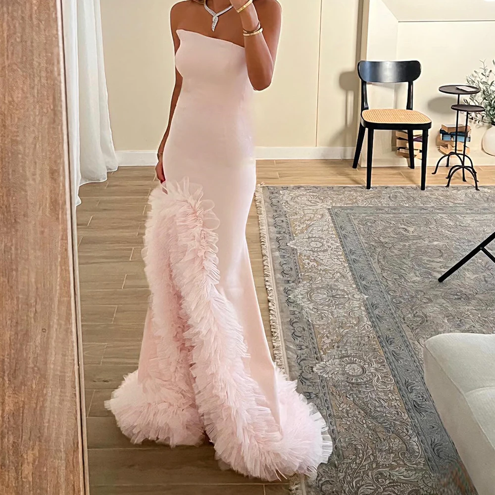 

Customized Elegant Jersey Court Train Evening Dress Fashion Strapless Straight Sleeveless Floor Length Special Occasion Gowns