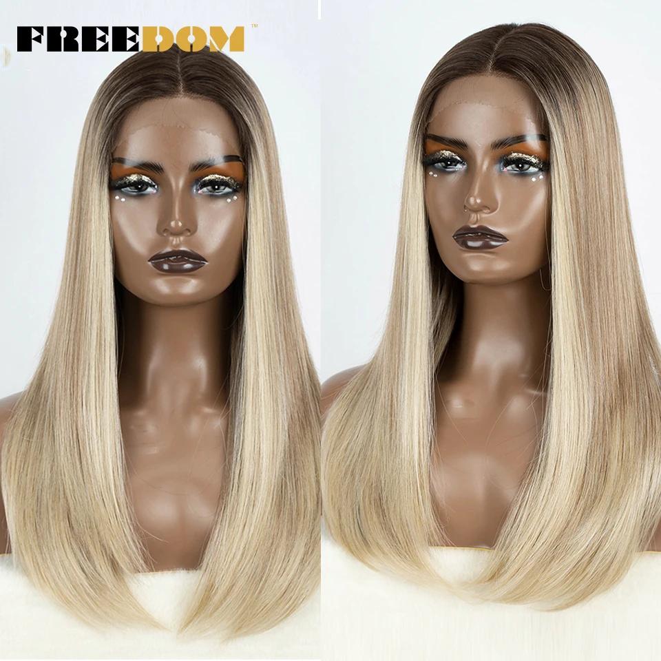 FREEDOM Synthetic Straight Bob Wig Synthetic Lace Wig For Women 22 inches Ombre Brown Wig Cosplay Wig Synthetic Lace Front Wig