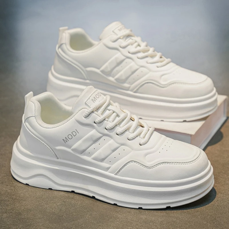 Men Striped Platform Skate Sneakers Smooth Faux Leather Thick Wave Midsole Minimalist All-match Daily Street Casual Board Shoes