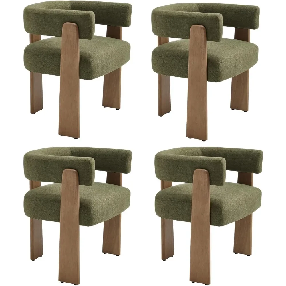 Modern Barrel Dining Chairs Set of 4, Linen Upholstered Accent Kitchen Chairs with Brown Color Wood Legs for Kitchen Dining Room
