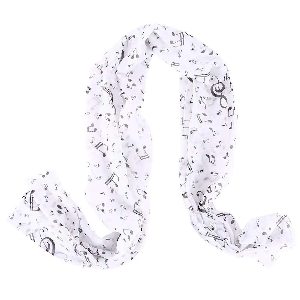 Syal Leher Wanita Motif Treble Clef Empat Musim yang Trendi, Syal Bermotif Not Musik, Selendang Sifon Sutra, Muffler