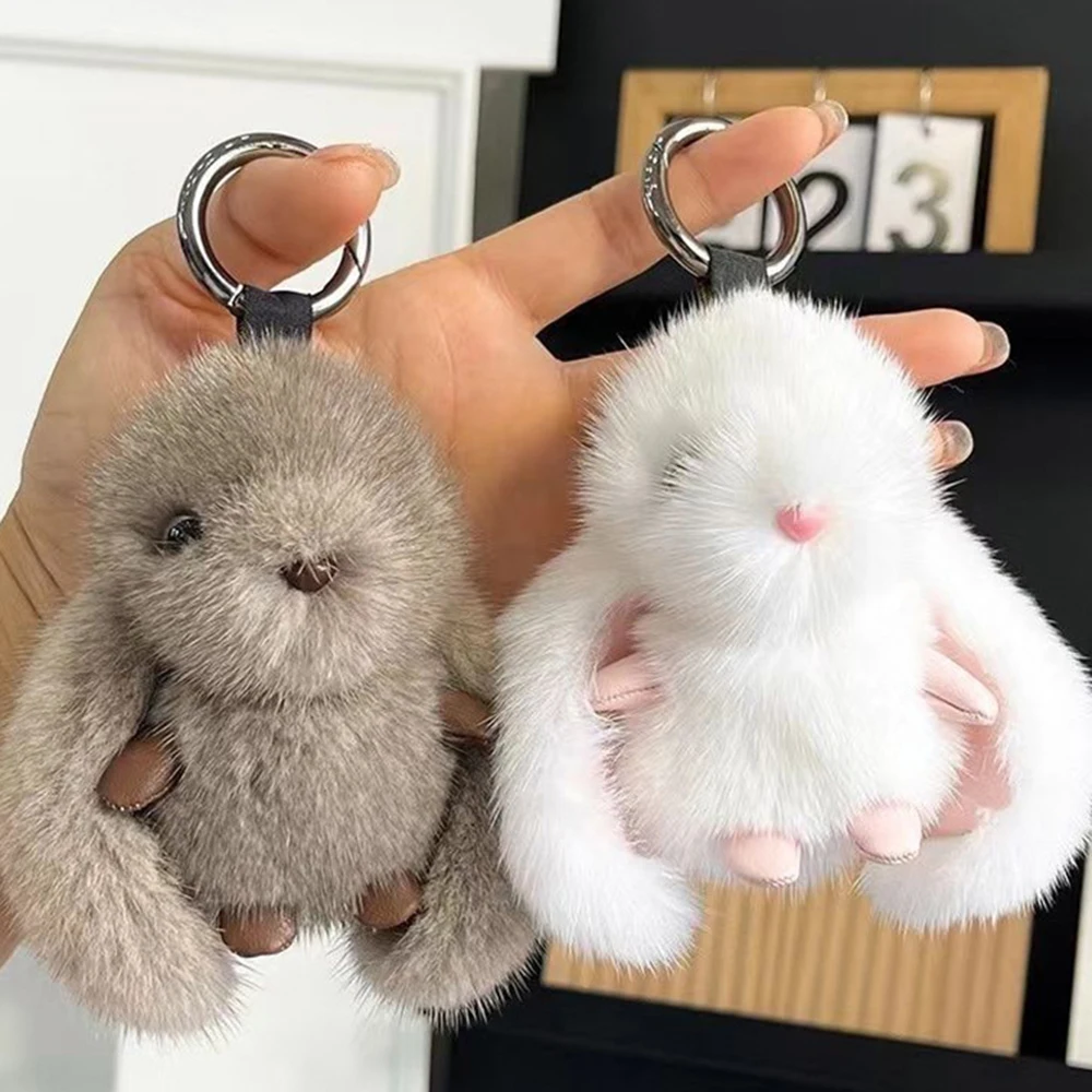 

S Rabbit Keychain Ring Fluffy Real Fur Pompon Bunny Trinket Key Chain Charm Cute Key Ring On Bag Car Key Pendant Plush Toy