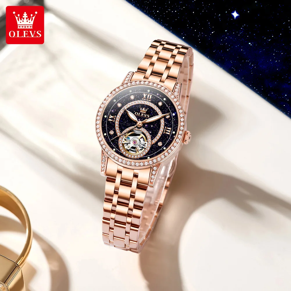OLEVS 7036 Elegant Mechanical Movement Watch For Women Starry Dial Skeleton Flywheel Luminous Function 30m Waterproof Watch