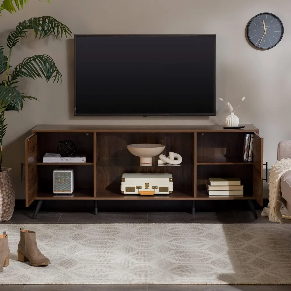 Saxon dudukan TV rak kaca Modern pertengahan abad untuk TV hingga 65 inci, 60 inci, Walnut