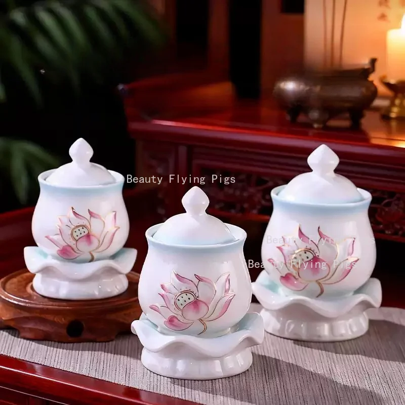 Ceramic Lotus Holy Water Cup, with Lid and Base, Buddhist Offering Cup, Temple Buddhist Utensil, Family Sacrificial Decoration