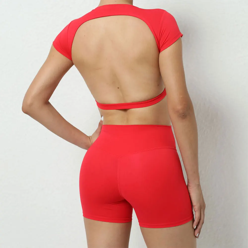 

T-Shirt Yoga Suit Elastic Fitness Sports 2 Piece Set Women Shorts Sleeve Crop Top Women Gym Running Leggings Workout Sportswear