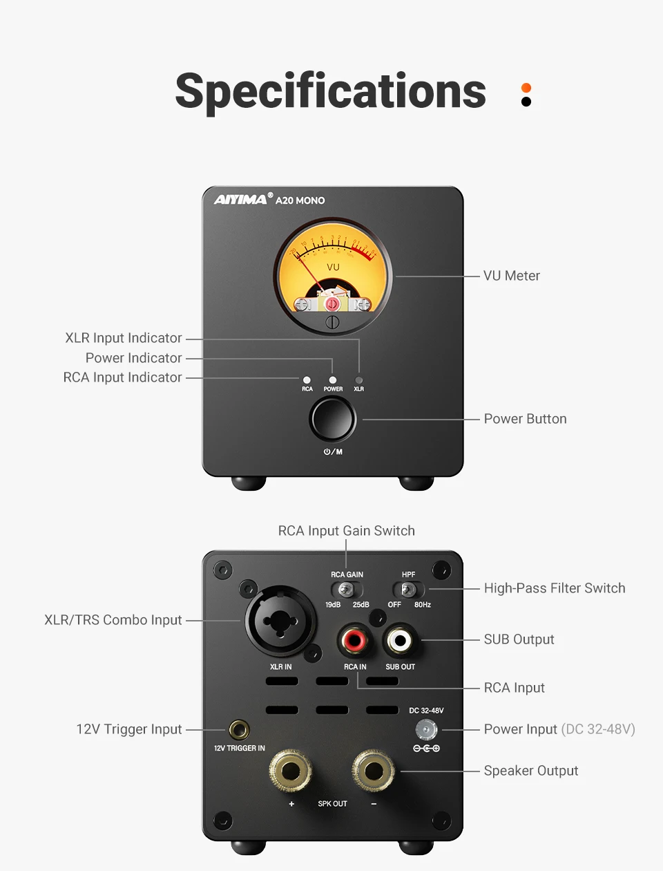 AIYIMA A20 Mono TPA3255 OPA1612 Hi-Fi Vollständig Symmetrischer Mono-Leistungsverstärker 300W 4Ω Klasse D Retro VU-Meter HPF SUB OUT XLR PFFB – Detail 19