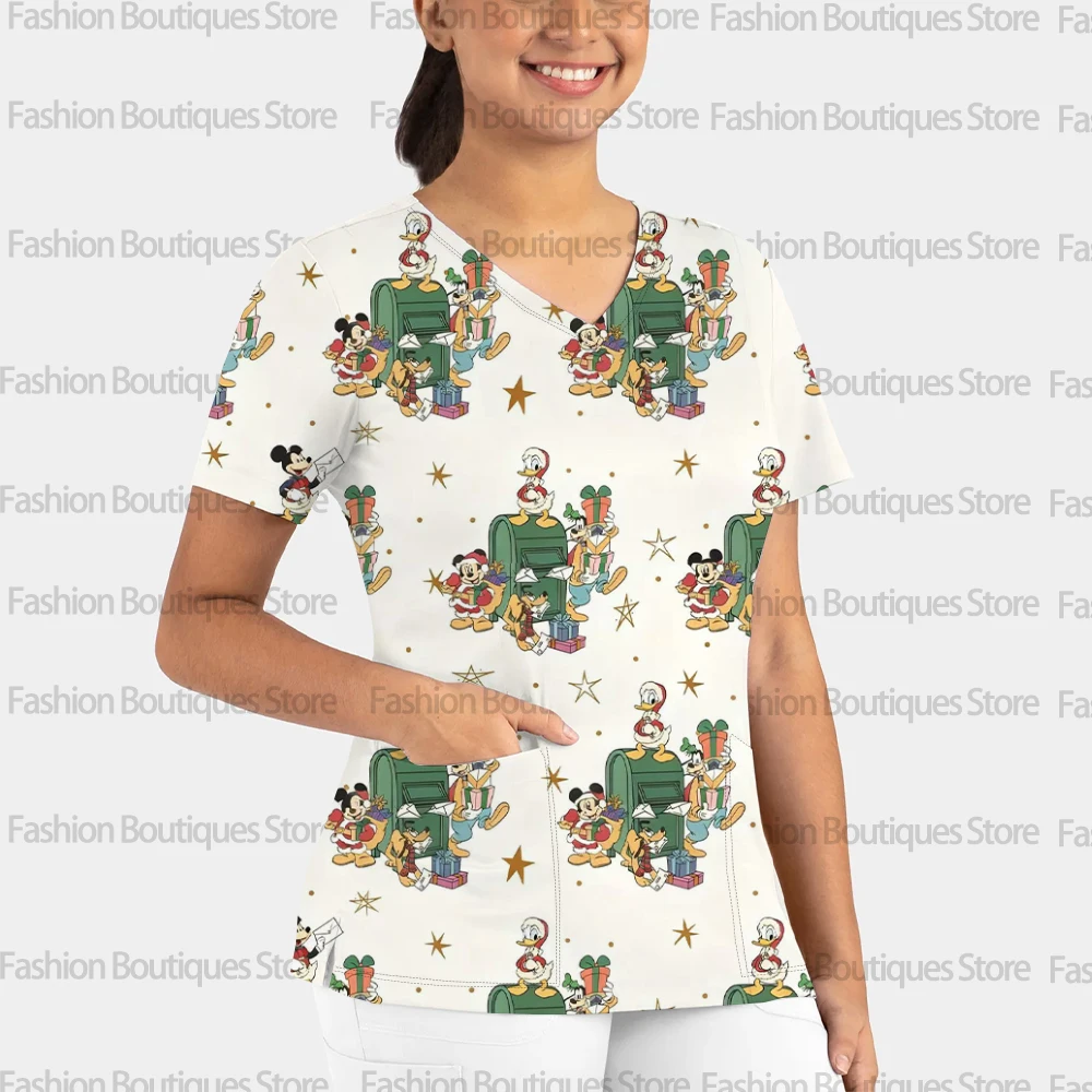 

New Summer Christmas Pattern Disney Mickey Mouse Print Women's V-neck Frosted Nurse Uniform Medical T-shirt Shirt Dental
