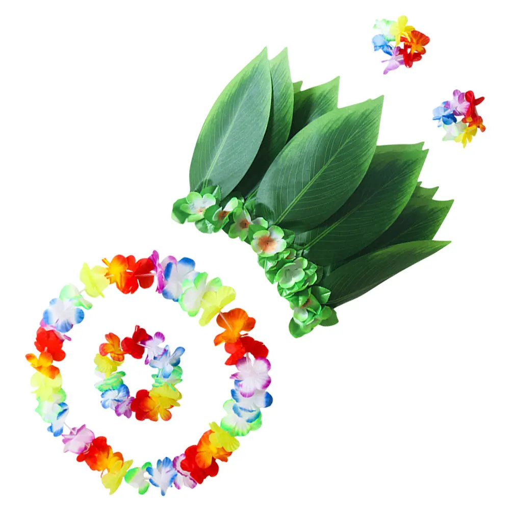 

5pcs Hawaiian Leaf Skirt Set Xl 100-160Cm Waist Green Fabric Grass Skirt Elastic Fit For Luau Party Beach Theme Costume Adult