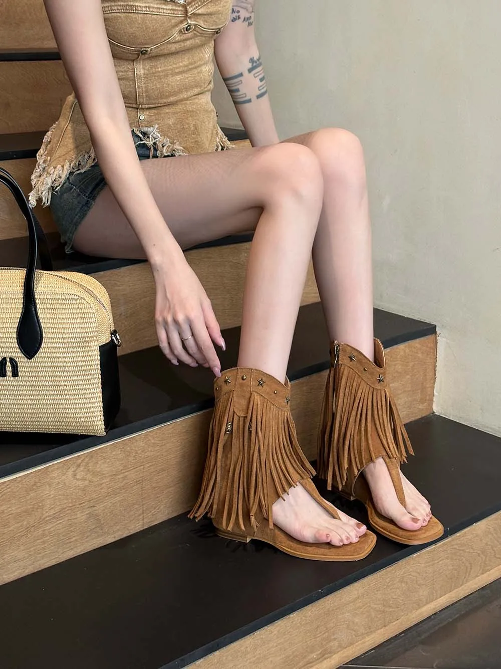 Clip Toe Women Sandals Boots Black Beige Brown Side Zipper Flat Mid Heels Retro Cut Summer Short Boots For Woman Size 35-39