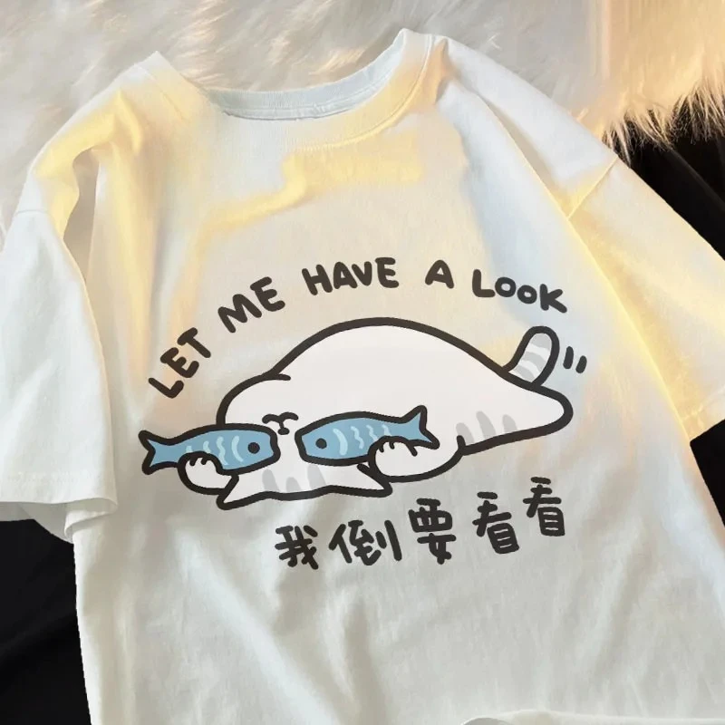 Camiseta de manga corta con estampado creativo de gato divertido para mujer, Top informal de moda de verano con cuello redondo, ropa Retro