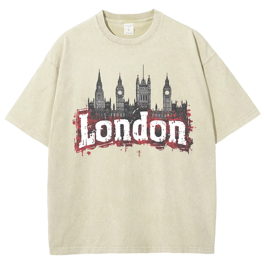 Hiphop Tiki Y2K Washed T-shirt, United Kingdom City London, Oversized Streetwear Vintage Washed T-shirts For Women Men's Top Tee