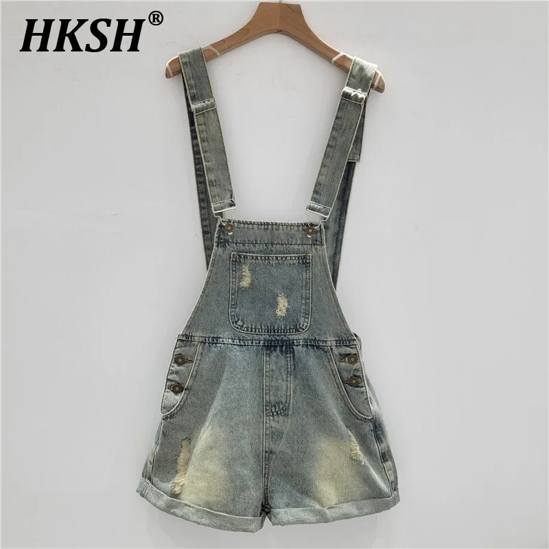 

HKSH Summer New Women's Stylish Trendy Y2K High Street Vintage Distressed Casual Washed Ripped Denim Overalls Short Pants HK5970