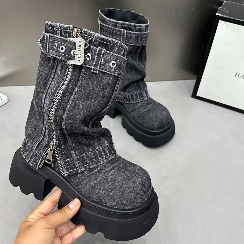 Women Cowboy Mid-calf Boots Zipper Platform Mid Heels Designer Shoes Winter New Motorcycle Boots 2024 Fad Trend Mujer Zapatos