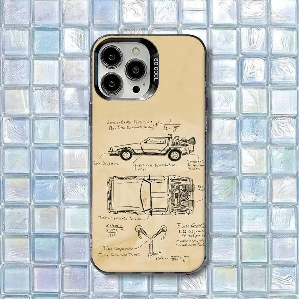 B-Back To The Future Delorean Schematische telefoonhoes voor iPhone 16,15,14,13,12,11,8,7,Pro,Max,Plus,Mini,XS,SE Zwart Matte Cover