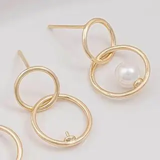 

925 Silver Needle 14K Gold-Plated Half-Hole Bead Double-Ring Stud DIY Circular Handcrafted Earrings Material