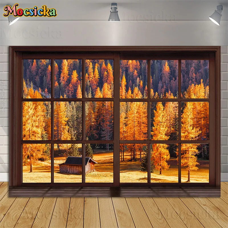 Autumn Natural Scenery Photography Backdrops Fall Forest Windowsill Interior Decor Kids Portrait Background Photo Studio Props