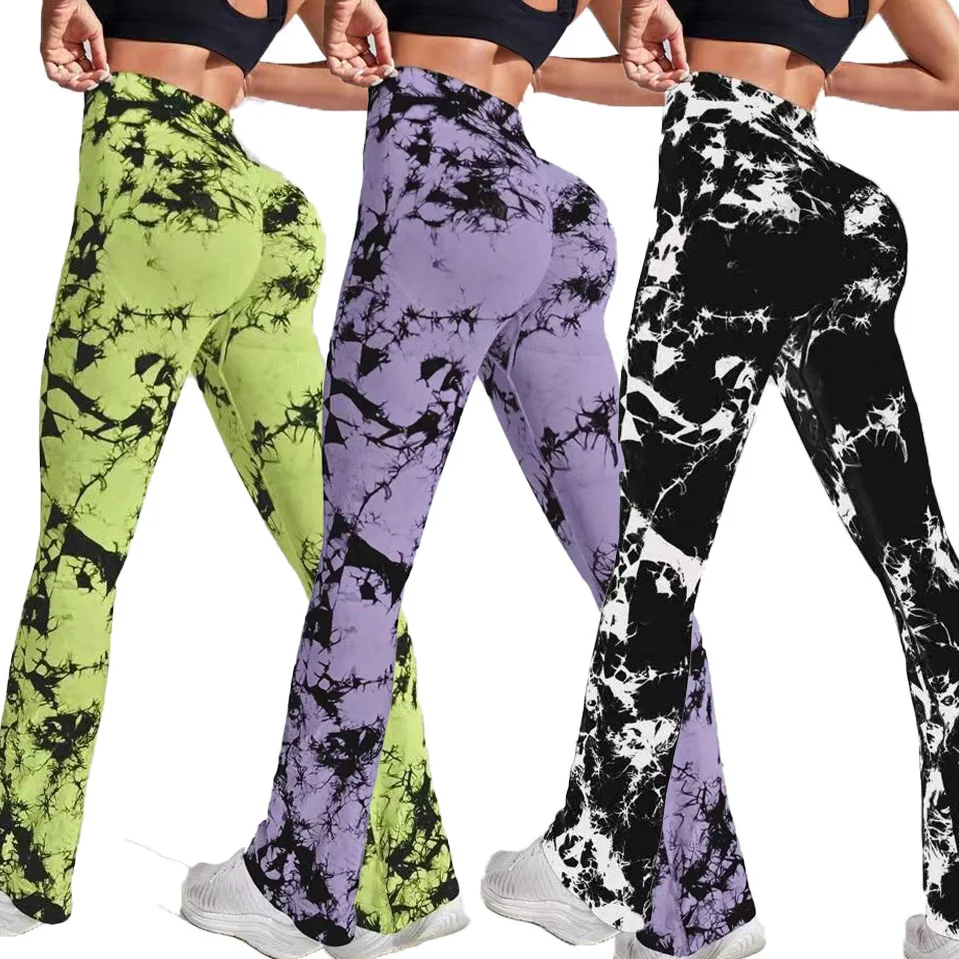 

FEOGOR spring summer new tie-dye flared pants high elasticity printing to lift the buttocks micro yoga sports seamless leggings