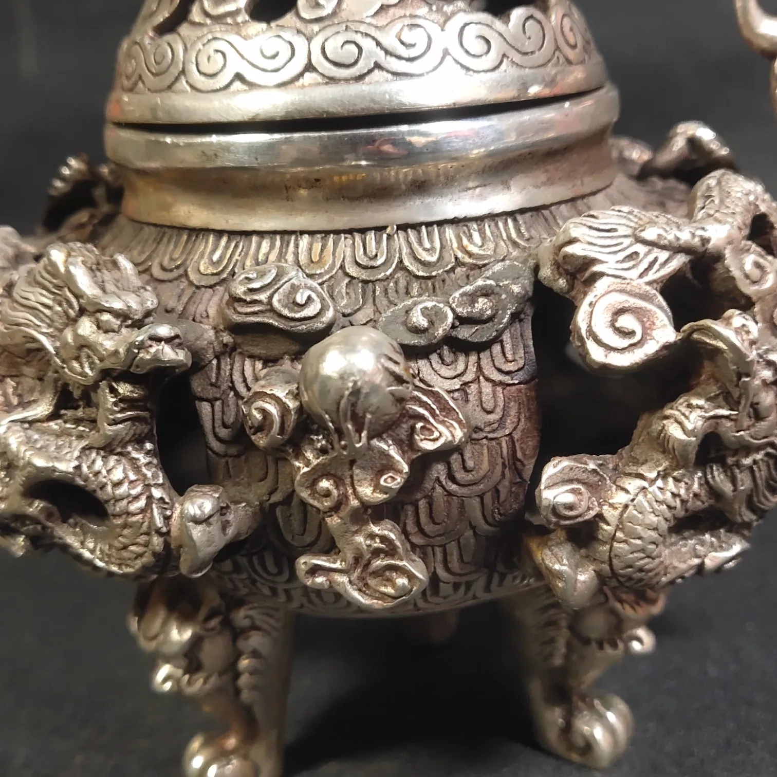 Collectible White Copper Double-Layered Dragon Incense Burner, Exquisitely Crafted