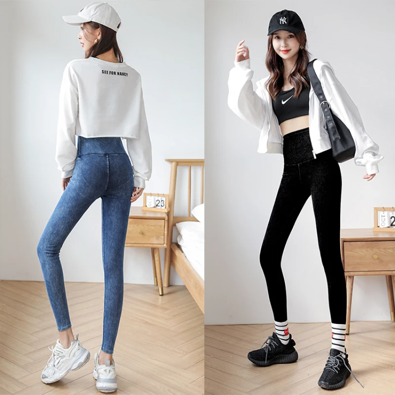 女性の厚手のハイウエストジーンズ,ライディングパンツ,ヨガレギンス,秋と冬