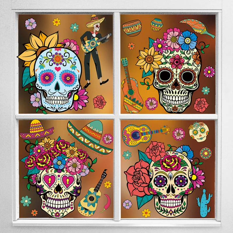 Pegatina de ventana estática del Día de los muertos, decoración de ventana con cabeza de esqueleto, impermeable y antiincrustante, tema de Carnaval de México