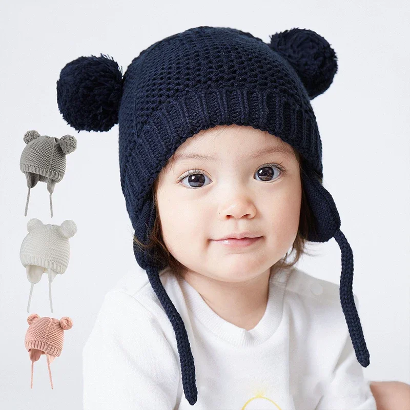 

Baby Warm Knitted Hat Solid Color Pompom Infant Ear Protection Cap Autumn Winter Woolen Kids Pullover Caps